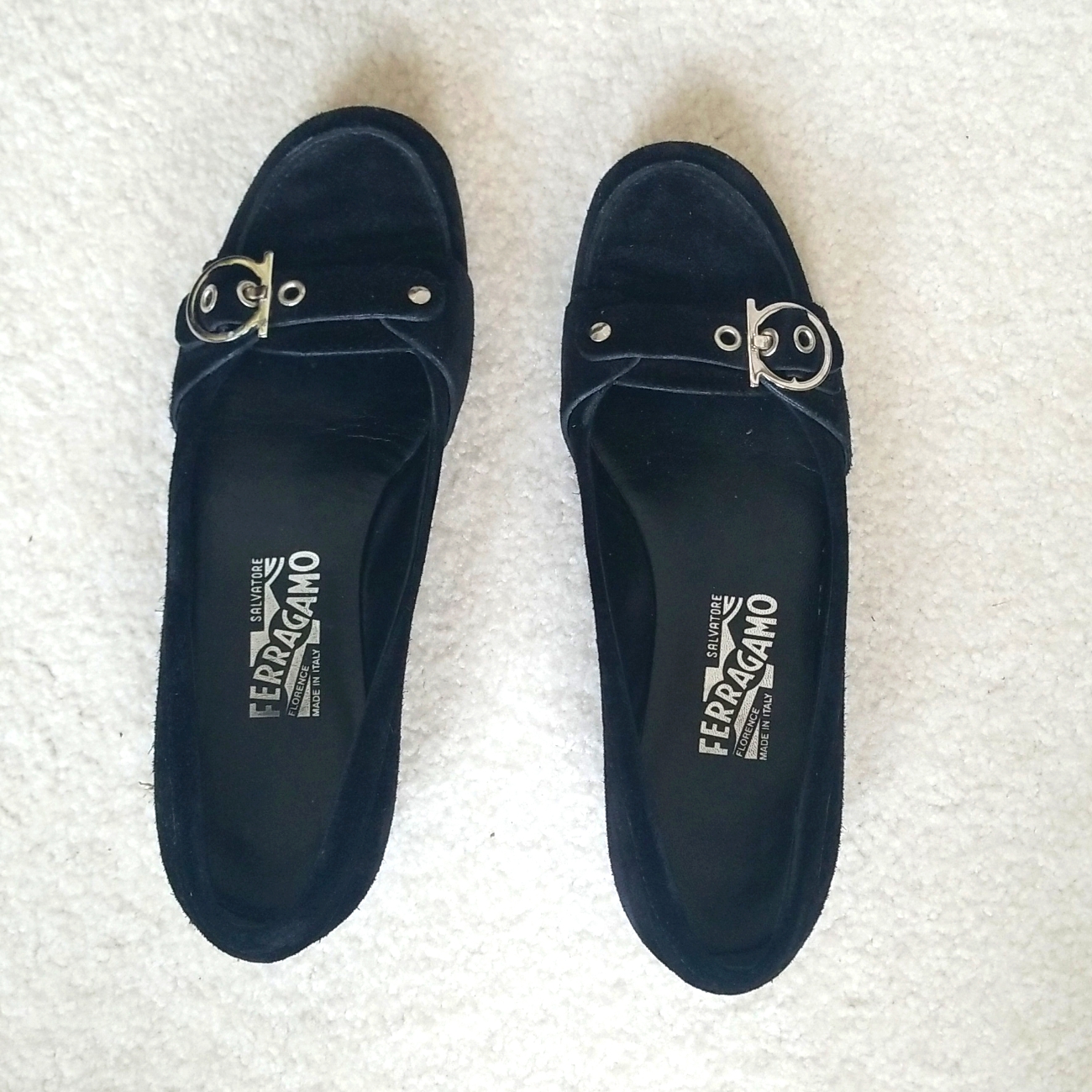 Black Suede Ferragamo (Heeled) Flats With Silver Buckle Accent